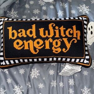 Halloween needlepoint bad witch energy pillow